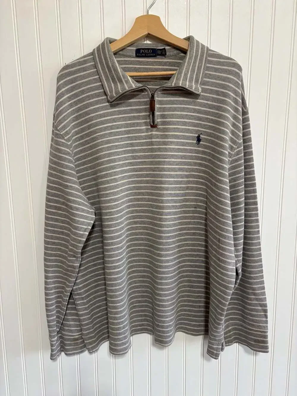 Polo Ralph Lauren Grey and White Striped Quarter-Zip Pullover Sweater